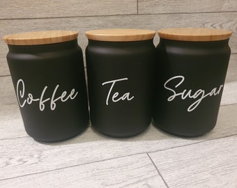 Set di 3 barattoli neri con coperchi di bambù, caffè, tè, zucchero, barattolo ricaricabile, barattoli ispirati alla signora Hinch, barattoli di stoccaggio, stoviglie