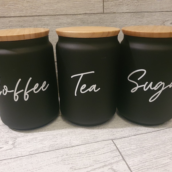 Set di 3 barattoli neri con coperchi di bambù, caffè, tè, zucchero, barattolo ricaricabile, barattoli ispirati alla signora Hinch, barattoli di stoccaggio, stoviglie