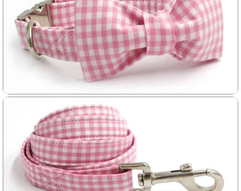 Halsband mit Schleife rosa kariert - Set Hundehalsband & Hundeleine / Verstellbares Halsband / Hunde-Halsband mit Fliege / Leine