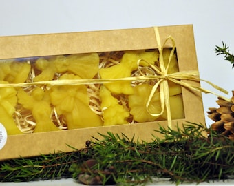 Pure Beeswax Christmas tree decorations: Set of 6. Packed in a beautiful brown cardboard box with natural wood shavings