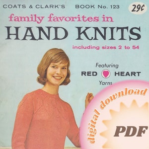 May include: A vintage knitting pattern booklet cover featuring a woman wearing a pink sweater. The cover is blue and white with the text "family favorites in HAND KNITS including sizes 2 to 54 featuring RED HEART Yarns".