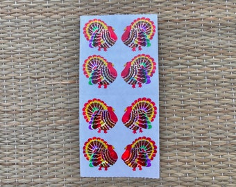 sandylion prismatic turkey stickers holographic thanksgiving turkeys 1989 teacher stickers 8 piece 90s stickers - pink squirrel vintage