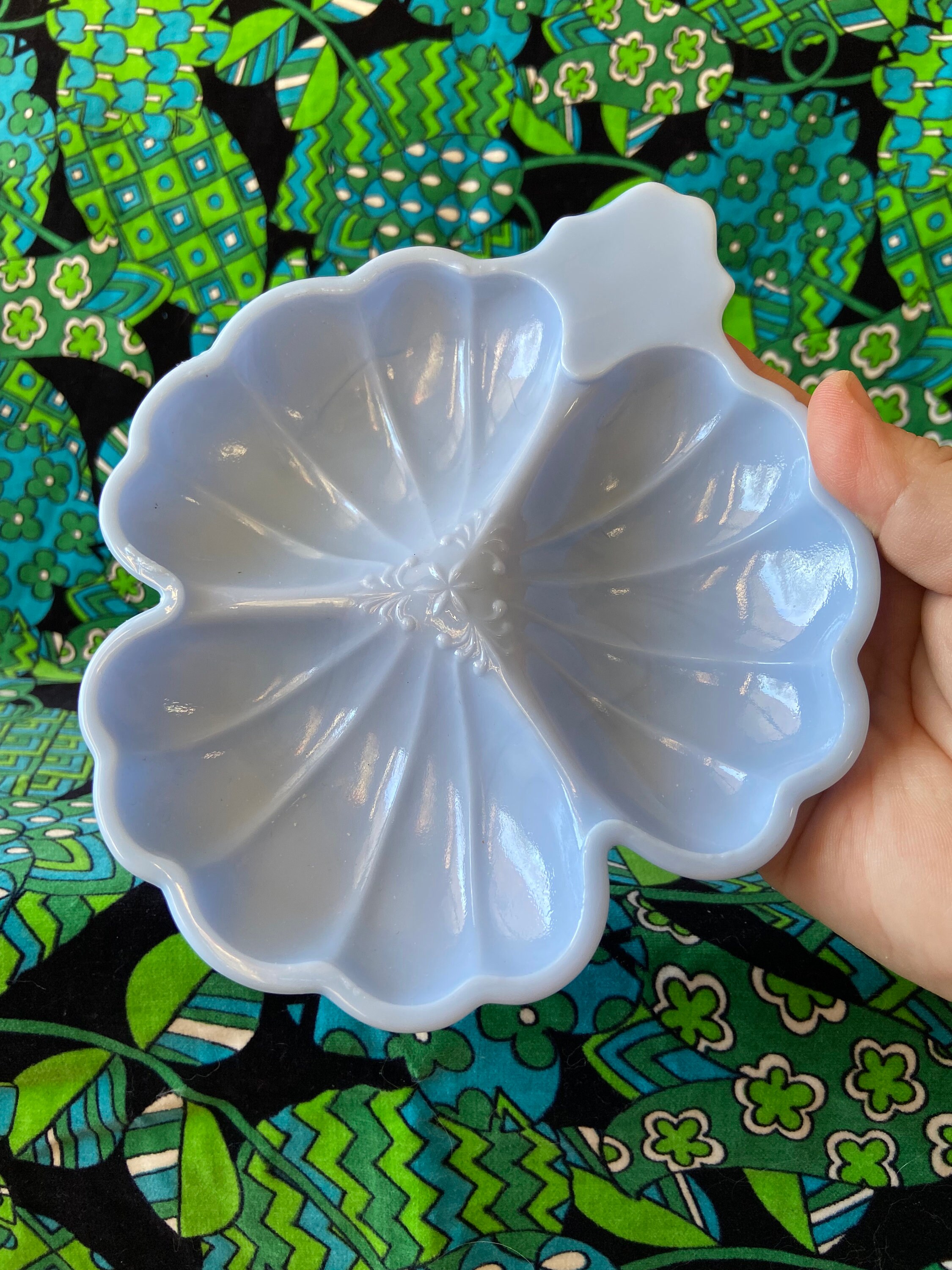 Glass Doric Delphite Pastel Blue Milk Glass Clover Candy Dish