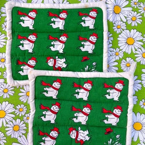 pair of vintage frosty the snowman potholders 1970s 1980s vintage christmas trivet two piece - pink squirrel vintage
