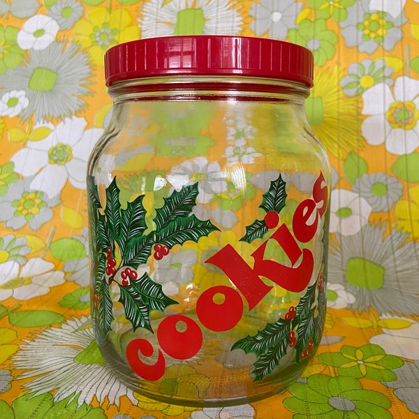 glass cookies cookie jar 1970s typography holly berries christmas 1/2 half gallon glass jar 70s christmas - pink squirrel vintage