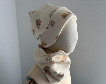Hipster hat/scarf, construction site vehicles, 35-58 cm