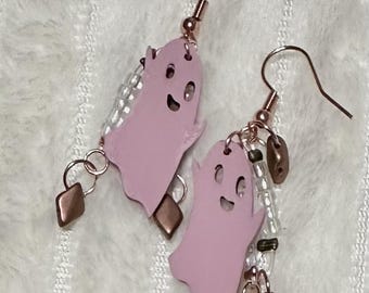 Rosa Holzgeist Ohrringe, irisierende Kupferperlen, Rosegold Hardware