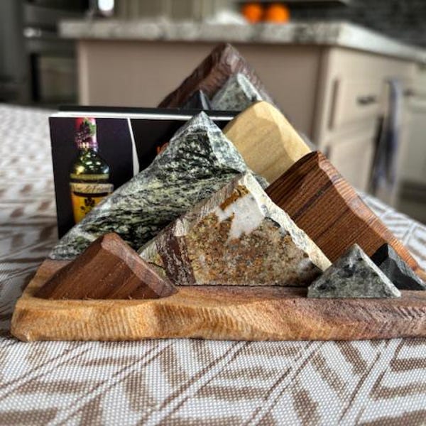 Wood & Granite Mountain Desk Organizer: Rustic Business Card Holder
