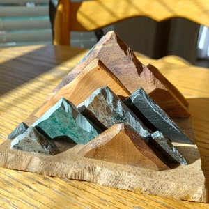 Rustic Wood & Stone Mountain Business Card Holder: Unique Desk Accessory