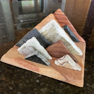 Handsome wood & granite-rock-stone mix in a mountain design business card or photo holder office business gift rustic desk accessory unique