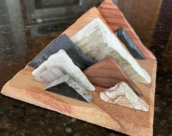 Handsome wood & granite-rock-stone mix in a mountain design business card photo holder office or business gift rustic desk accessory unique