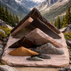Rustic Mountain Wood & Stone Business Card Holder: Unique Desk Accessory