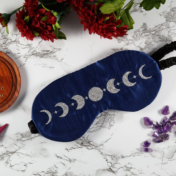Celestial Moon Phases Sleep Mask: Night Sky Hand Embroidered Satin Eye Cover