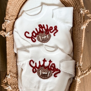 Embroidered  baby/toddler name sweater with football- personalized & hand embroidered.