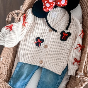 Embroidered Disney Minnie Mouse CARTIGAN.  Toddler embroidered sweater. Subtle Disney. Bows. Red bows. Disney Minnie Mouse. Toddler