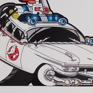 May include: A white cartoon illustration of the Ghostbusters car, a Cadillac with a red and white siren on top, a ghost logo on the side, and blue and white lights. The car is on a white background.