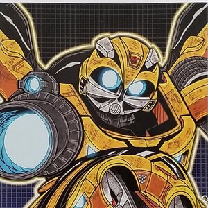 May include: A yellow and black cartoon illustration of Bumblebee, a Transformer robot, in his car form. He is driving forward with his headlights on and his mouth open in a yell. The background is a blue and black grid.