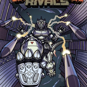 May include: A comic book cover featuring a silver robot monster with glowing red eyes, firing missiles from its hands. The title "Godzilla Rivals vs. Mechagodzilla" is written in large, silver letters.