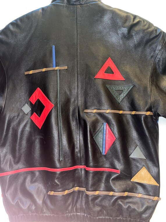 Vintage Geometric Leather Jacket | 80s Black Leat… - image 3