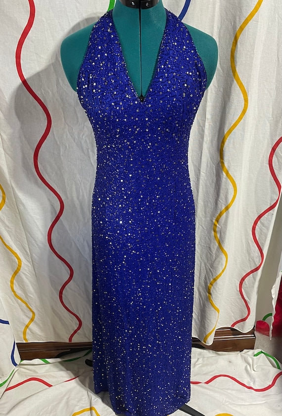 Vintage Blue Celestial Evening Halter Dress | 90s 