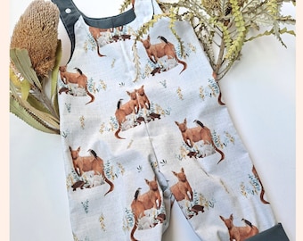 Reversible Overalls - Australiana Animals Kangaroo, Koala, Kookaburra and Echidna with bottle green reverse fabric for babies and toddlers