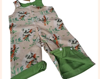 Koala hangout eating eucalyptus leaves Reversible Overalls with apple green reverse fabric, snaps in crotch for easy nappy change