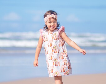 Rainbow Lorikeet and mushrooms Girls Reversible dress, Handmade - Newborn to 6 years - turn the dress inside out to wear the other print