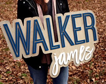 Large Wood Layered Name Sign, Wooden Last Name Sign Doubled, Family Name Sign