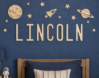 Outer Space Wood Cutouts with Wooden Name Sign, Planets and Rocket wall decor for kid room decor, Space Nursery Decor, Custom Kid Name Sign