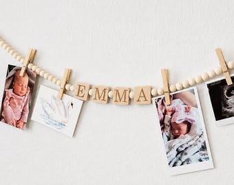 Personalized Wooden Baby Photo Garland with Name, Beaded Clip Garland, Kids Artwork Display, Nursery Wall Hanging, Engraved Baby Name Sign