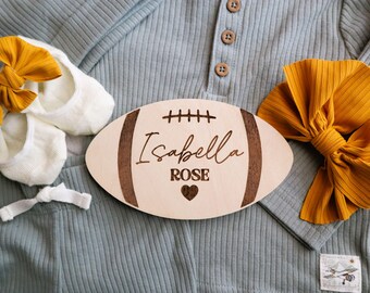 Engraved Football Baby Announcement Sign: Personalized Birch Wood Photo Prop