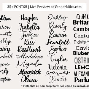 May include: A list of 35+ fonts in black text on a white background. The fonts are arranged in columns and include names like Addison, Hayden, Oakley, Chin Up, Britanic, Cambria, Century, Existence, Caviar, Blueberry, Ostrich, Lemon, Alexander, and Parker. The text at the top of the image reads "35+ FONTS!! | Live Preview at VanderMiles.com". The text at the bottom of the image reads "* Note that all non-script fonts will come as individual letters!"