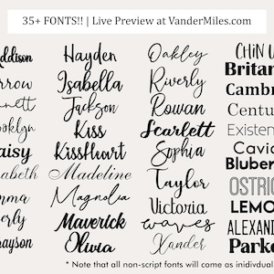 May include: A list of 35+ fonts in black text on a white background. The fonts are arranged in columns and include names like Addison, Hayden, Oakley, Chin Up, Britanic, Cambria, Century, Existence, Caviar, Blueberry, Ostrich, Lemon, Alexander, and Parker. The text at the top of the image reads "35+ FONTS!! | Live Preview at VanderMiles.com". The text at the bottom of the image reads "* Note that all non-script fonts will come as individual letters!"