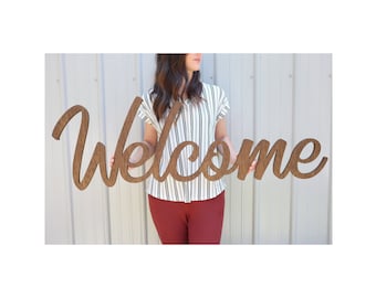 Large wood welcome sign, custom design welcome word cutout, entryway welcome sign