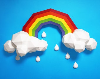 Regenbogen Wolke Wandkunst SET PDF VORLAGE: Wassertropfen Low Poly Modell Skulptur Origami Papercraft Pepakura 3D Papier Regenbogen Wanddekor