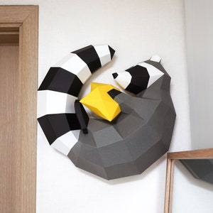 Sleeping Raccoon Papercraft PDF TEMPLATE : Low Poly Sleeping Raccoon Model Wall Art Origami Pepakura 3D Paper Wall Decor