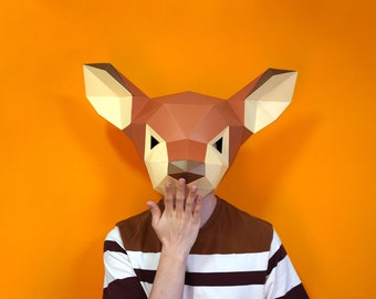 MODELLO PDF Maschera Cerbiatto: Maschera modello Cervo Low Poly, Maschera Bambi Low Poly, Maschera animale, Origami Papercraft Pepakura 3D Paper Download digitale