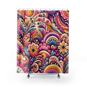 Retro Hippie Shower Curtain,Vintage Boho Bathroom Decor, Pink Gold Colorful, Unique Home Decor, Groovy Bathroom Accessories, Novelty Curtain