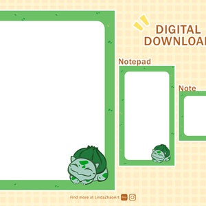 Op de afbeelding: Digitale download van drie afdrukbare briefpapier sjablonen met een groen cartoonfiguur. De sjablonen zijn gelabeld met "Brief", "Kladblok" en "Notitie".