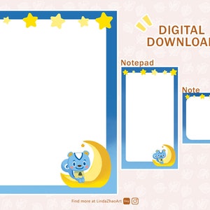 May include: Printable digital download of three blue and yellow notepads with stars and a cartoon animal. The notepads are labelled "Letter", "Notepad", and "Note".