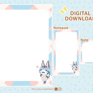 May include: Three printable digital paper templates featuring a cute cartoon cat with a blue and grey colour scheme. The templates are labelled "Letter", "Notepad", and "Note" and have a light blue background with pink and blue geometric patterns.