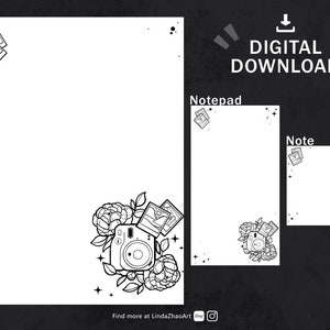 Peut inclure: Téléchargement numérique imprimable de trois tailles différentes de papeterie avec une illustration en noir et blanc d'un appareil photo, de fleurs et de pellicule. Les tailles sont lettre, bloc-notes et note.