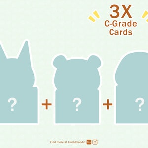 May include: A light blue graphic with three animal shapes and question marks, with the text "3X C-Grade Cards" in brown. The background is a light green with a subtle pattern. The image also includes a website address.