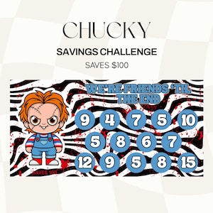 Desafío de ahorro de íconos de películas de terror / Juego de ahorro de Chucky 100 con sistema de presupuesto en efectivo para personas de bajos ingresos. Juego de ahorro físico.