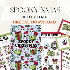 Puede incluir: Una descarga digital para un "Spooky Xmas Box Challenge" con temática de Halloween y Navidad. El diseño incluye calaveras con gorros de Papá Noel, cajas de regalo y bastones de caramelo. Elementos adicionales: Tic Tac Toe y tarjetas "Pick & Save".
