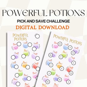 May include: Two digital download sheets with a "Powerful Potions" theme. Each sheet displays colourful potion bottle illustrations and circles for tracking. The text "Pick and Save Challenge" and "Digital Download" are also visible.