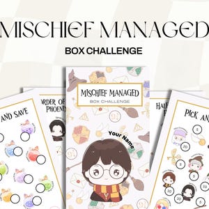 Puede incluir: Un conjunto de hojas de desafío de caja imprimibles con el texto "MISCHIEF MANAGED BOX CHALLENGE". Las hojas presentan ilustraciones de personajes y objetos, con espacios para guardar o elegir. El diseño incluye una caricatura de un niño con gafas.