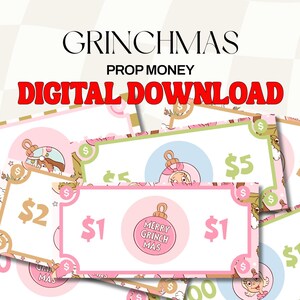 Könnte beinhalten: Rosa und grüne Requisiten-Geldscheine mit dem Text "Grinchmas Prop Money Digital Download". Die Scheine zeigen Zeichentrickfiguren und Nennwerte von 1, 2, 5, 10, 20, 50 und 100 Euro.