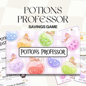 May include: A whimsical illustration of a board game titled "Potions Professor Savings Game." The game features colorful potion bottles and cards with text. The background is a light checkered pattern. The game's title is prominently displayed.