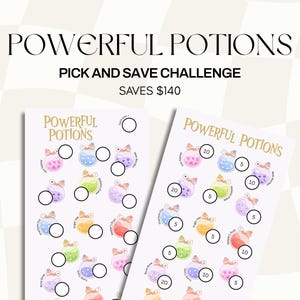 May include: Two white cards with the text "POWERFUL POTIONS" and "PICK AND SAVE CHALLENGE". The cards feature colourful potion bottle illustrations with circles for tracking savings. The text "SAVES $140" is also visible.